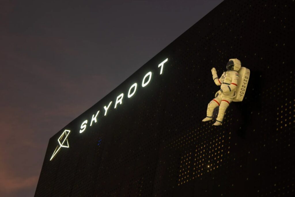 Skyroot sign on building facade