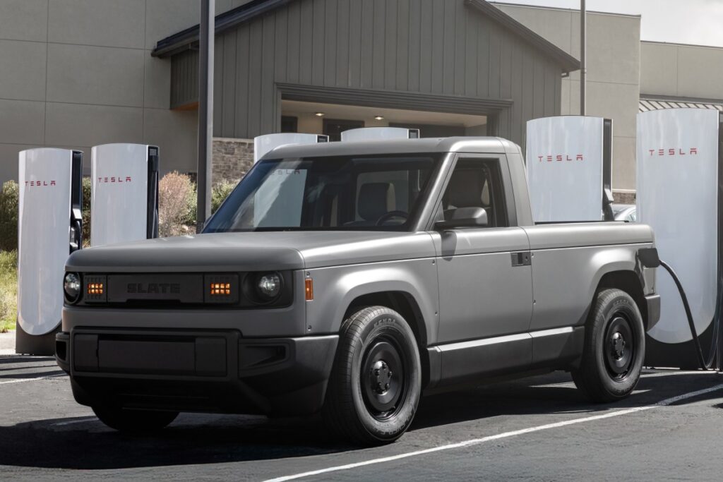 Slate Auto’s radically simple electric truck starts at $24,950 Slate Auto's Blank Slate truck charging at a Tesla Supercharger
