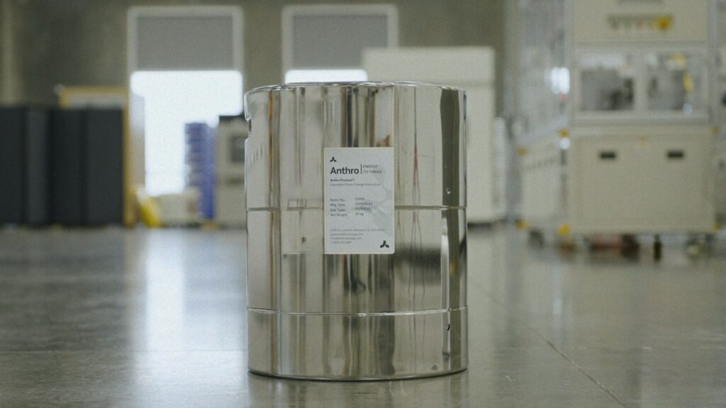 Anthro Energy breaks ground on factory that could pave the road to solid-state batteries A can of electrolyte sits on a factory floor.